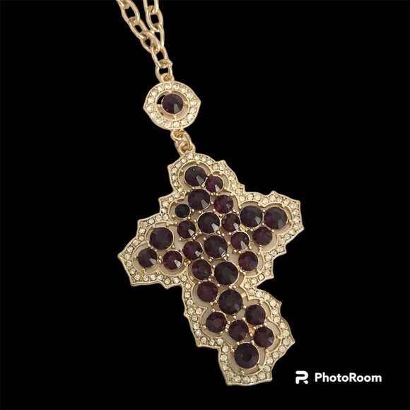 Vintage Style Cross Necklace Purple Crystals Simulated Amethyst Gold Plated 22" - Picture 3 of 14